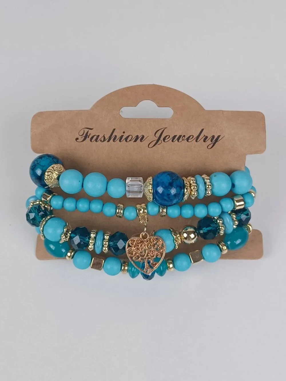 4-Piece Bohemian Beaded Bracelet Set - Blue Heart & Tree Pendants